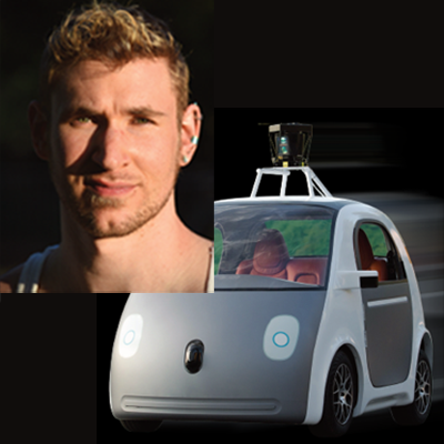 head shot of Nick Armstrong Crews superimposed over a photo of a prototype self driving car.