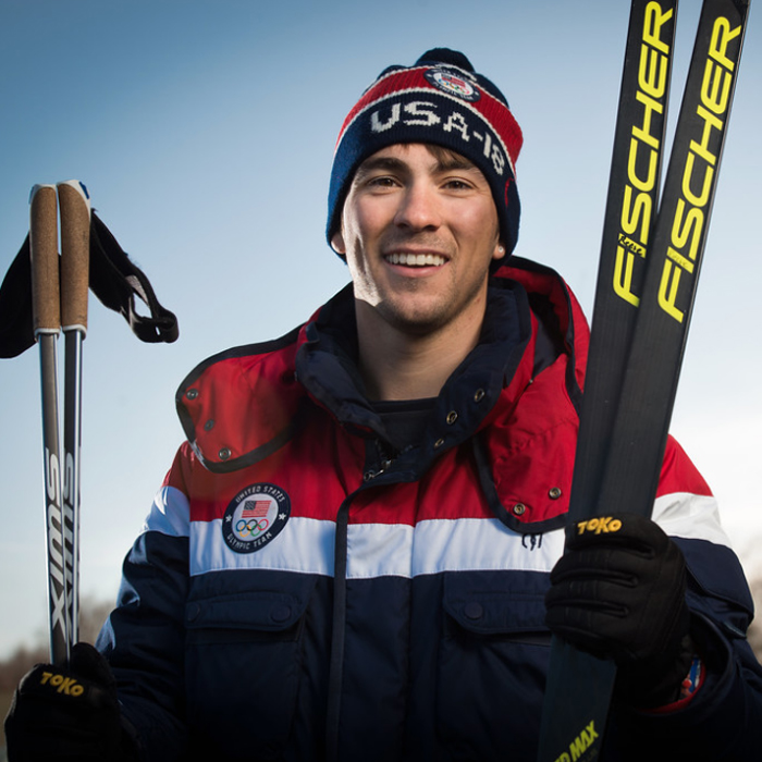 Renowned Nordic skier Reese Hanneman, photographed in front of UAA’s Engineering and Industry Building.