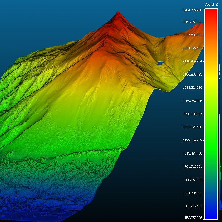A 3D rendering of a mountain in a computer program.