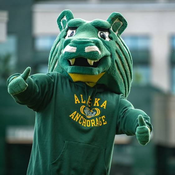 Spirit the Seawolf, UAA's mascot, gives the thumbs up to the camera. 