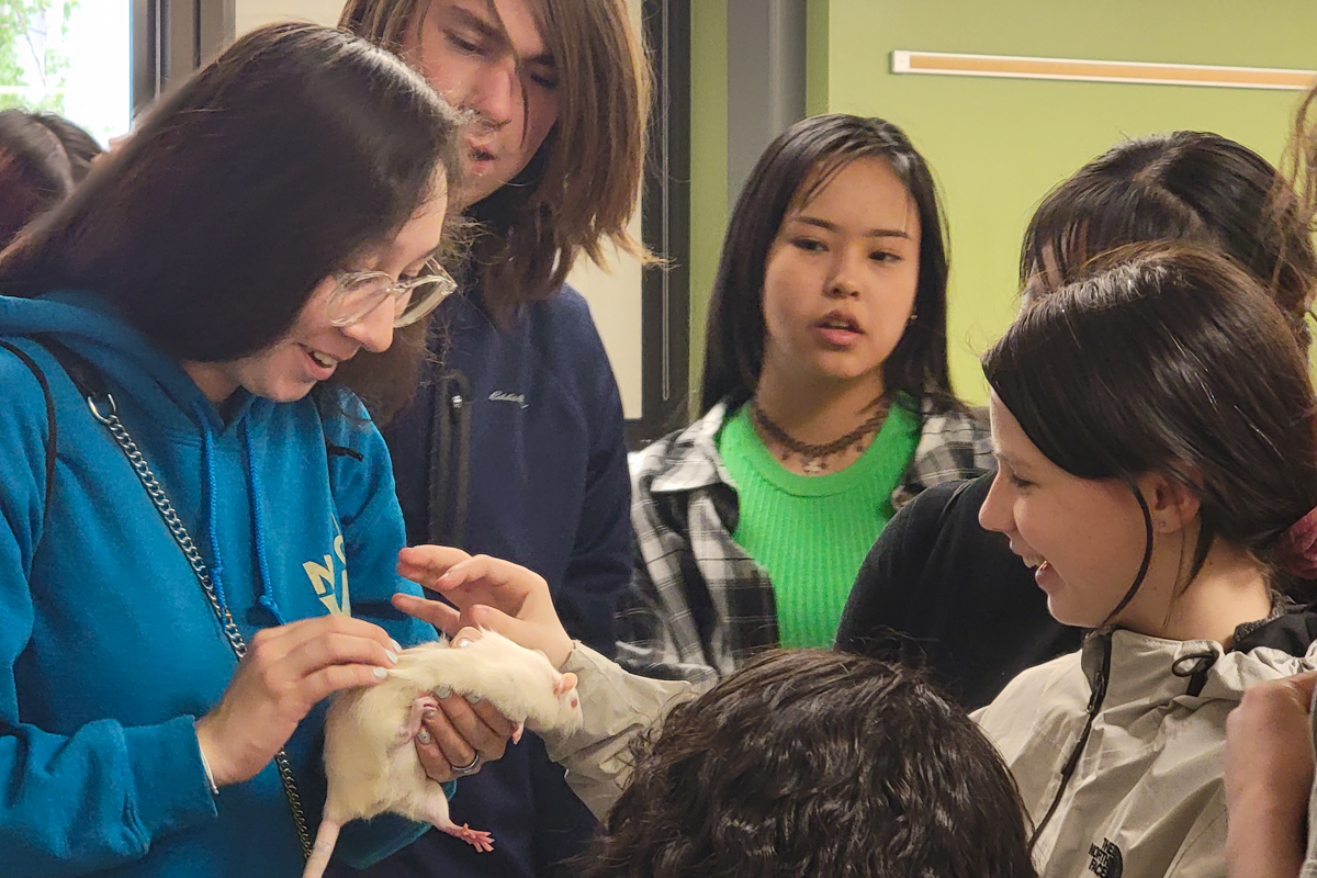 Students at the UAA Psychology Departments Rat Lab happily holding and petting a rat subject 