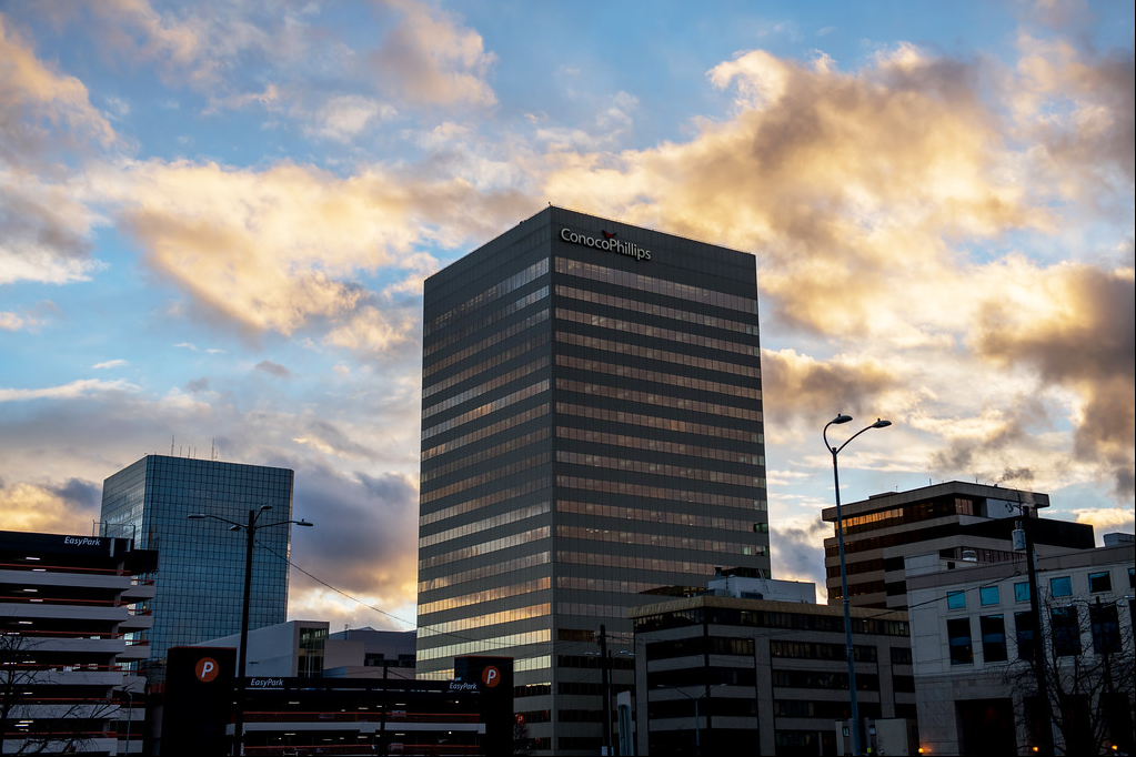 Tall buildings in downtown Anchorage at sunset
