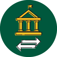 Icon of school with two arrows below, pointing in opposite directions.