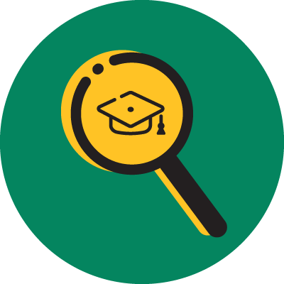 Icon of magnifying glass looking at grad cap