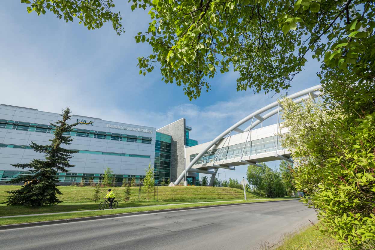 UAA's Health Science Building and Parrish Bridge seen from Providence Drive