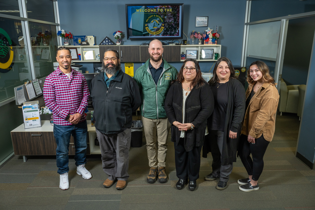 UAA's Military and Veteran Student Services (MVSS) staff in their office in the Student Union. From left: Kriss Miles, Alexander Casanova, Jonathon Sanders, Theresa Montalvo, Yesi Calizo and Kayleigh Davis.