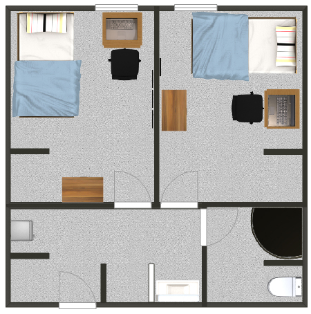 Floorplan for a double suite in the residence halls.