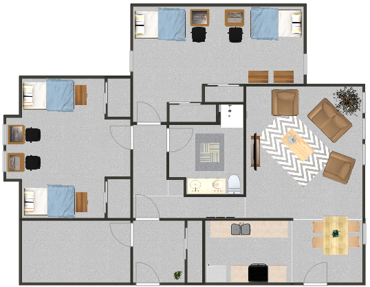 Floorplan for a quad suite with shared rooms in the MAC apartments.