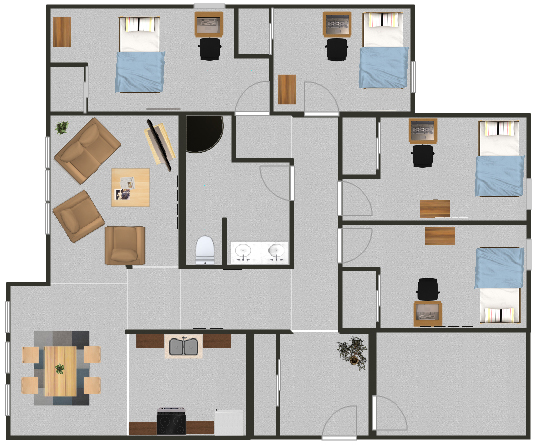 Floorplan for a quad suite with private rooms in the MAC apartments.