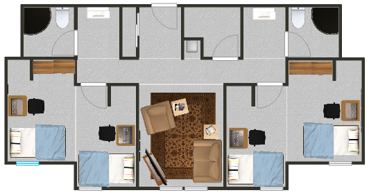 Floorplan for a quad suite with shared rooms in the residence halls.