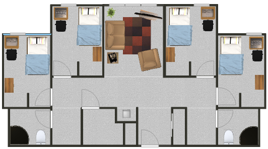 Floorplan for a quad suite with private rooms in the residence halls.
