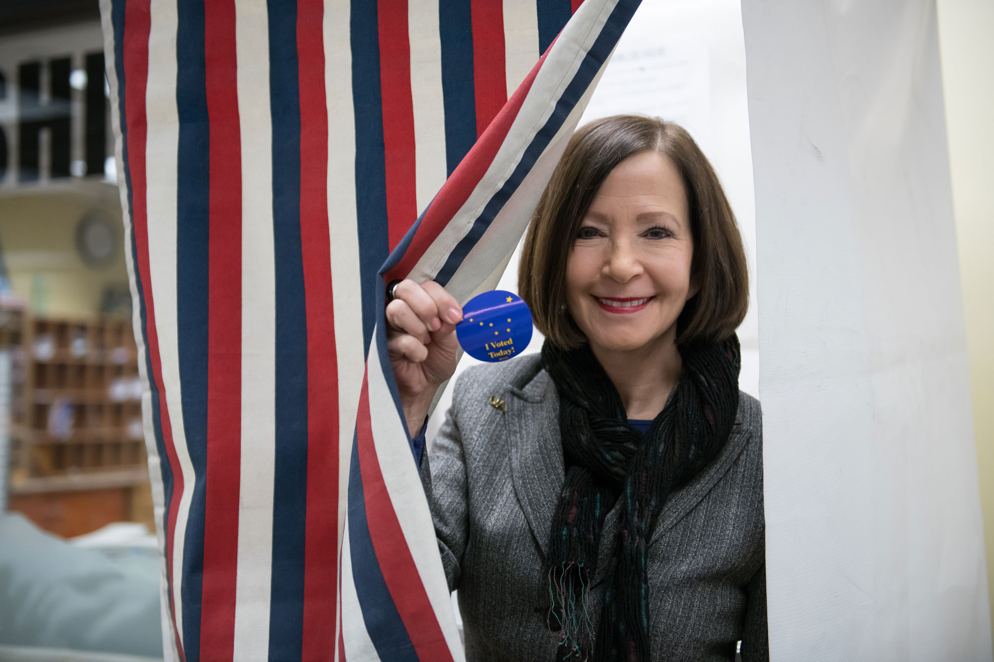 Chancellor Sandeen with I Voted sticker