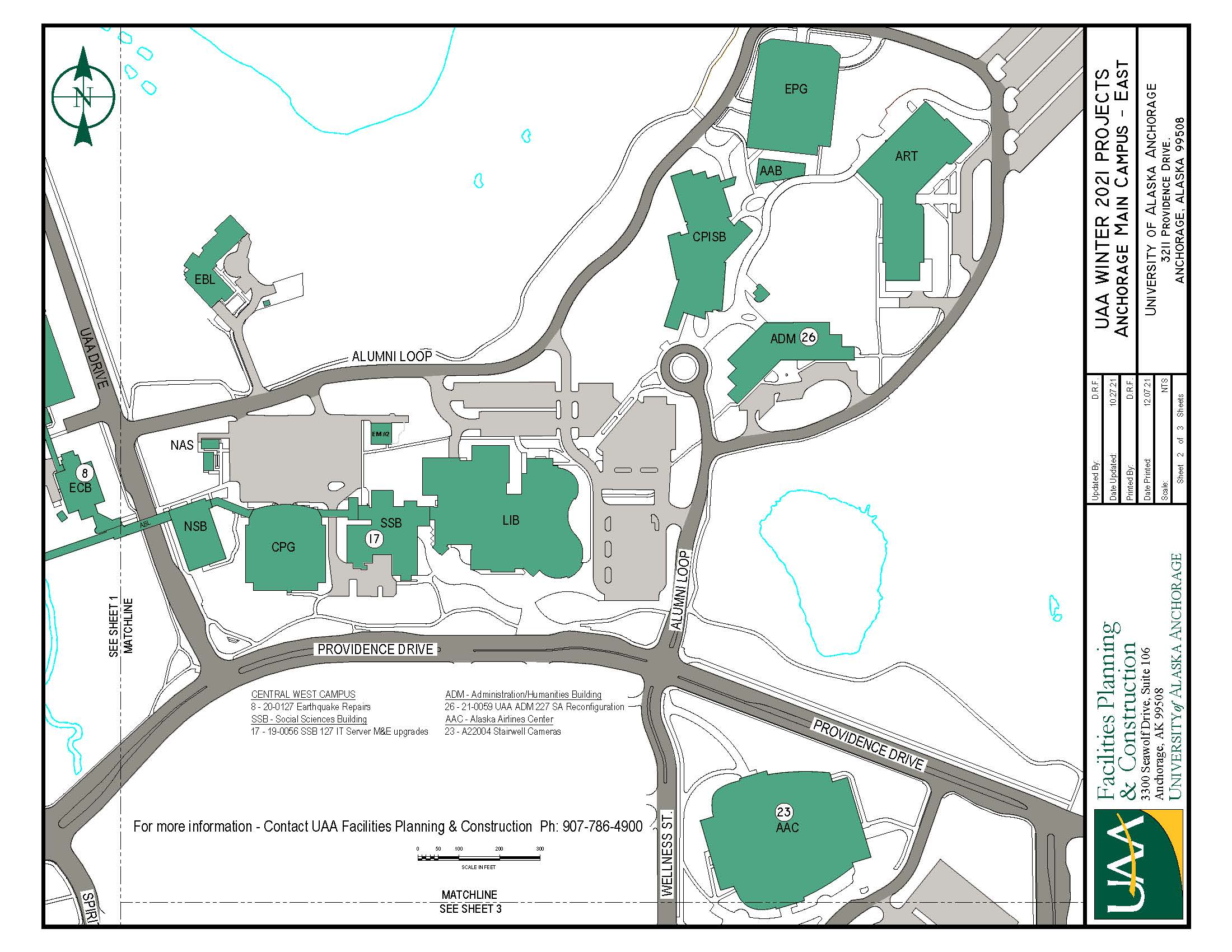 Map of UAA east campus with 2021 winter projects noted
