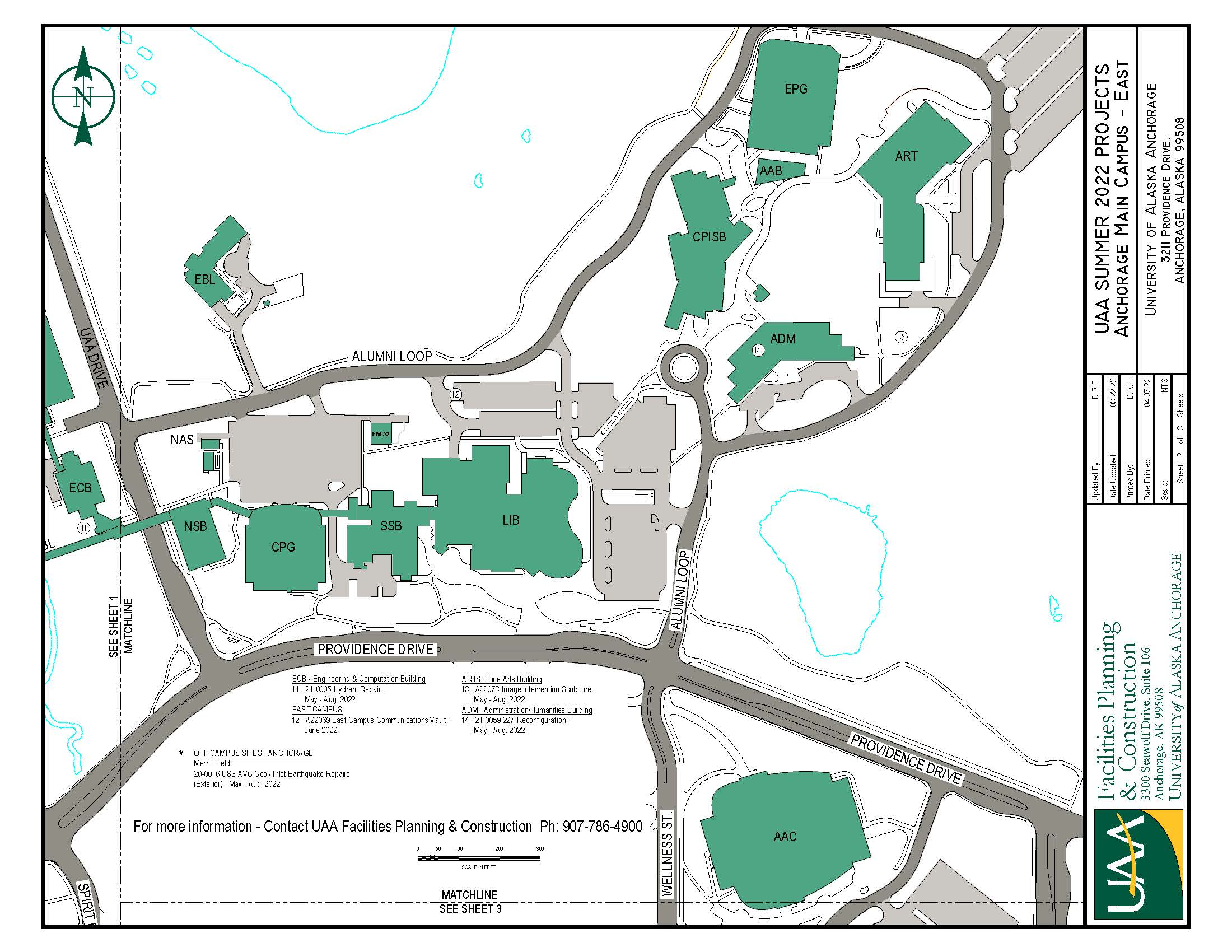 Map of UAA east campus with 2022 summer projects noted