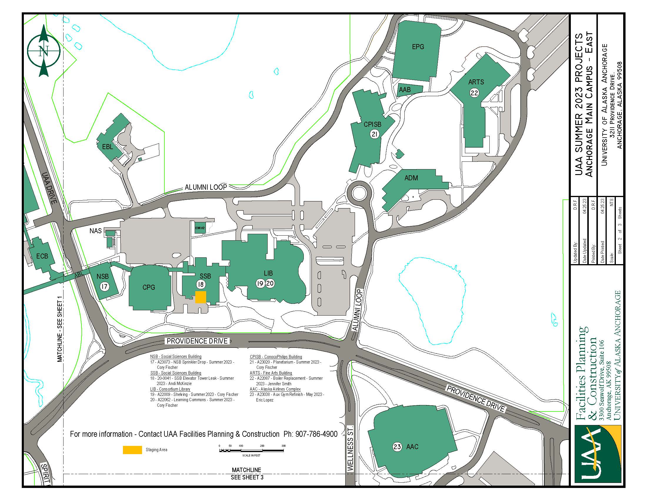 Map of UAA east campus with 2023 summer projects noted