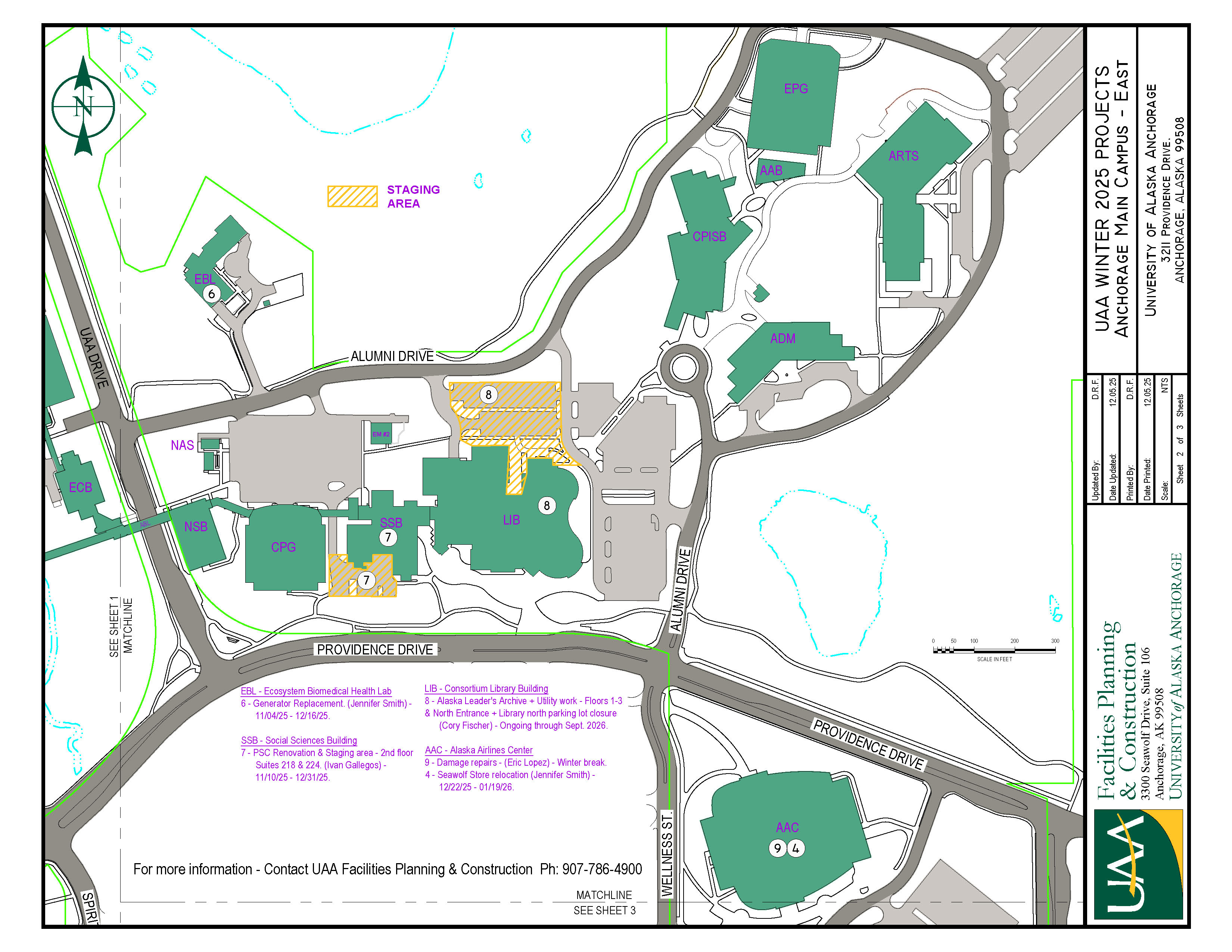 Map of UAA east campus with 2024 winter projects noted