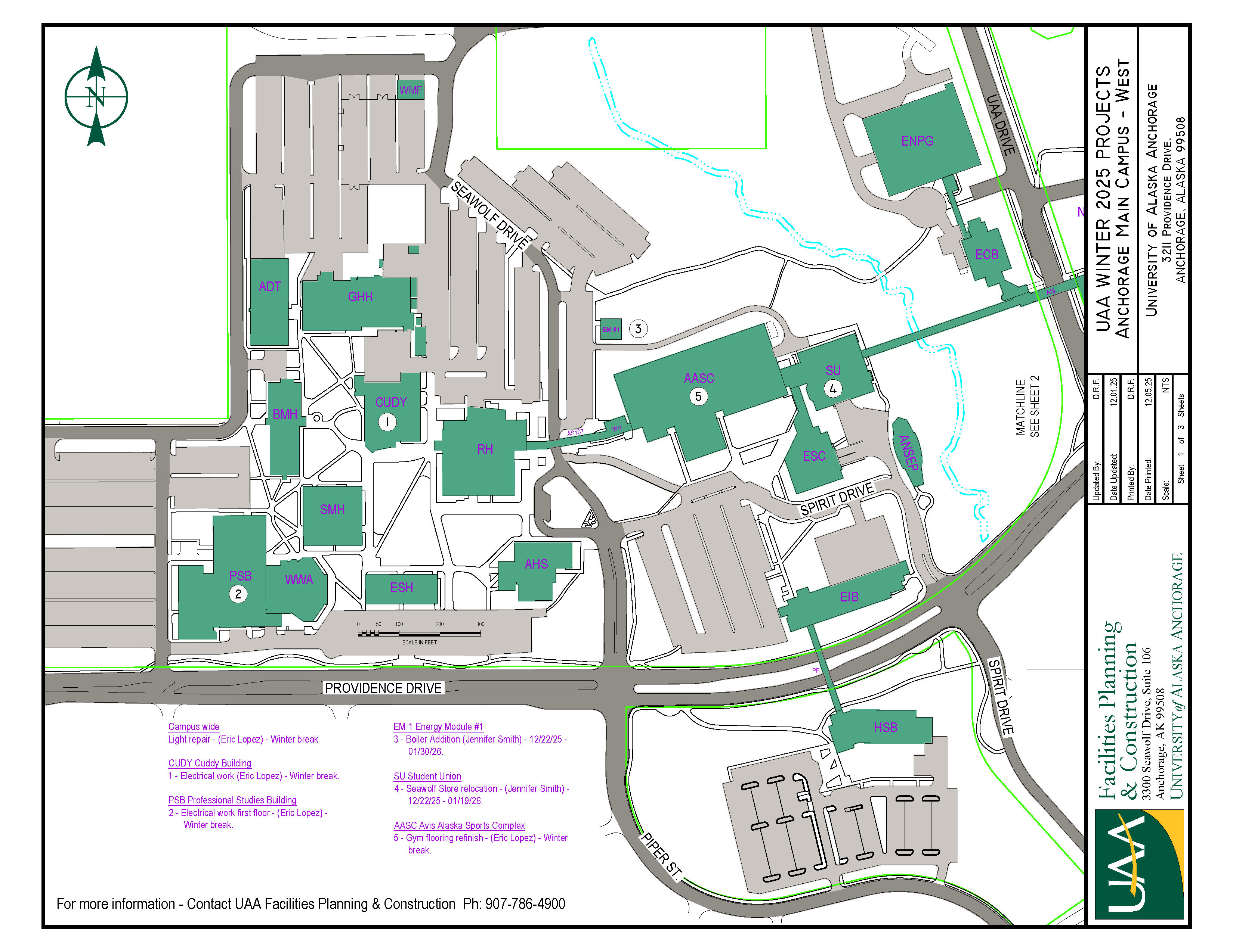 Map of UAA west campus with 2024 winter projects noted