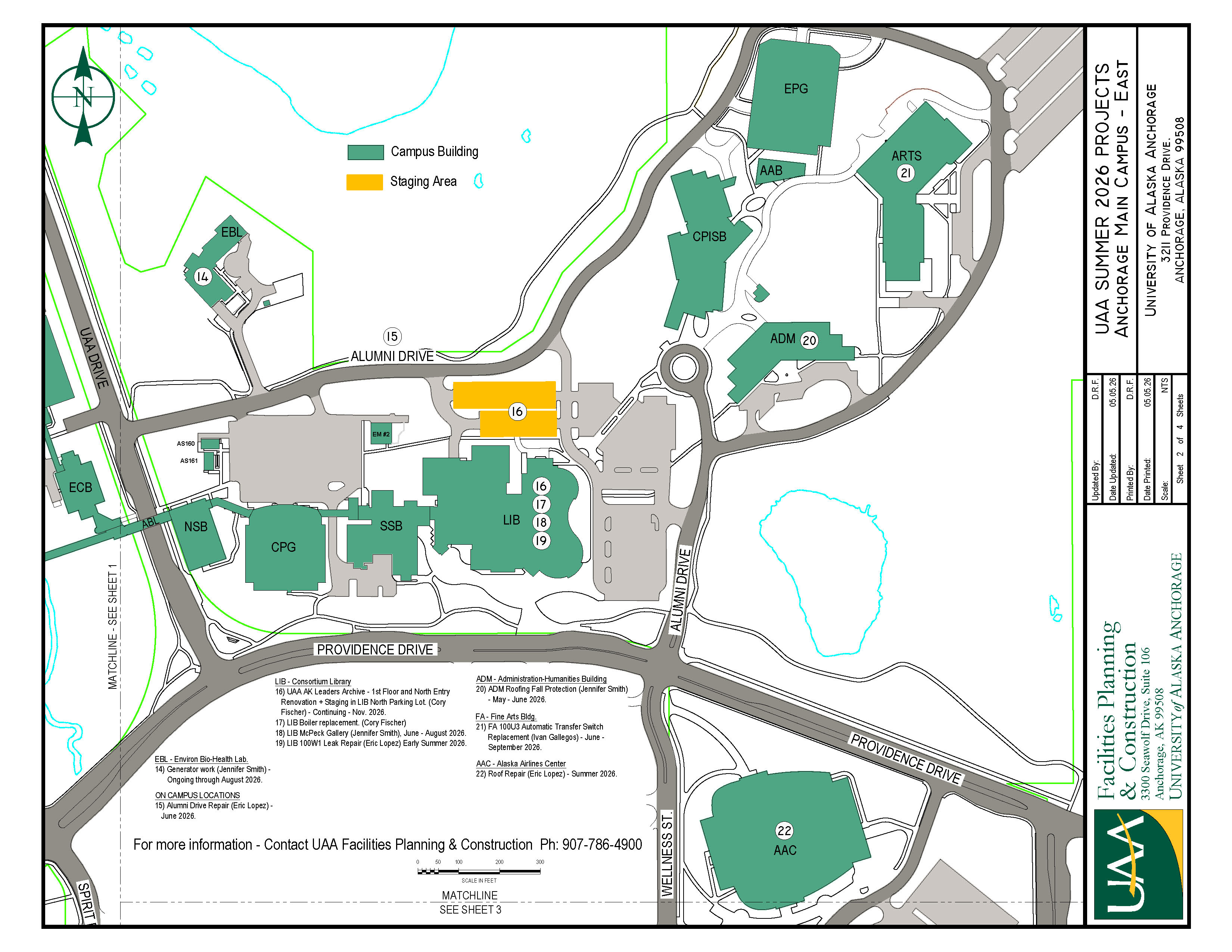 Map of UAA east campus with 2026 winter projects noted