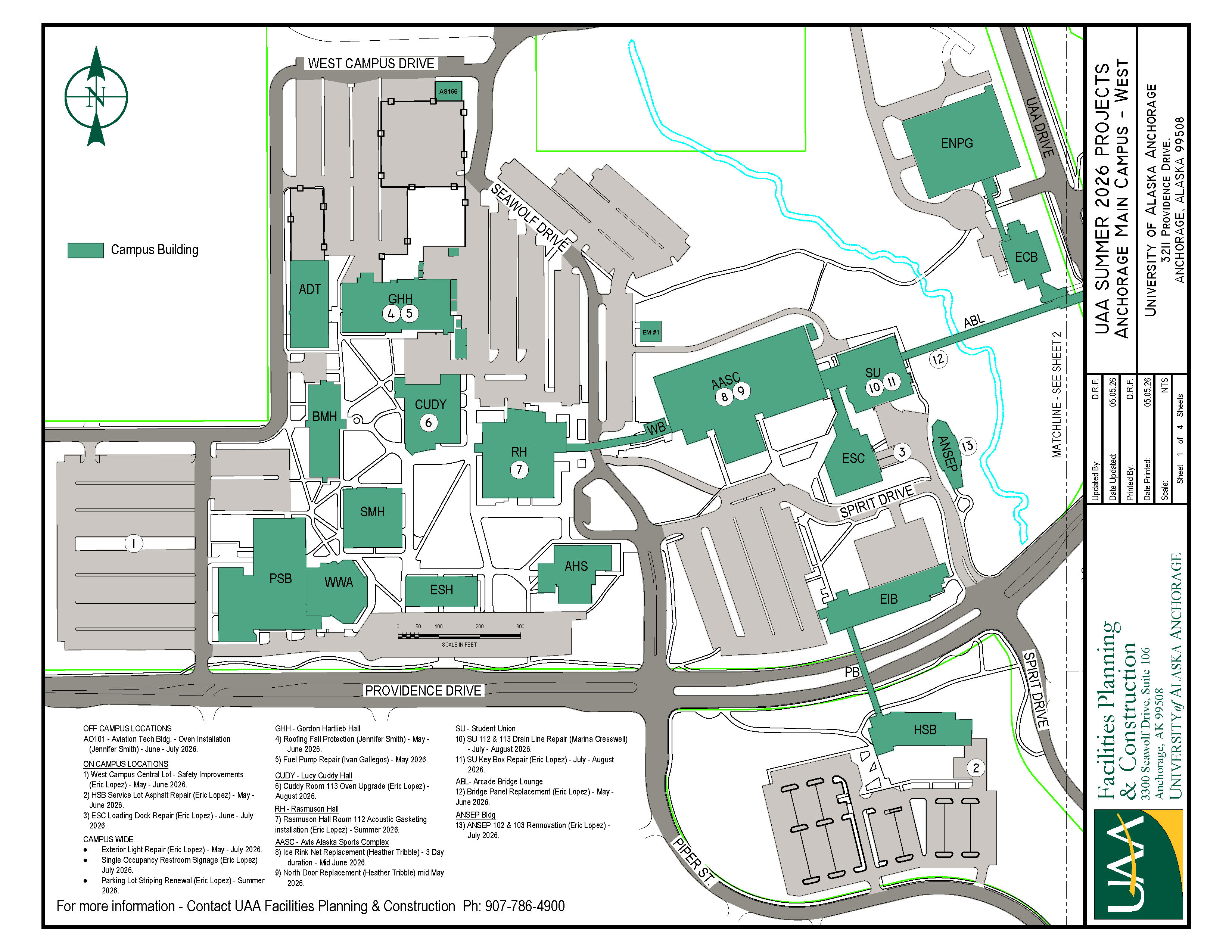 Map of UAA west campus with 2026 Summer projects noted