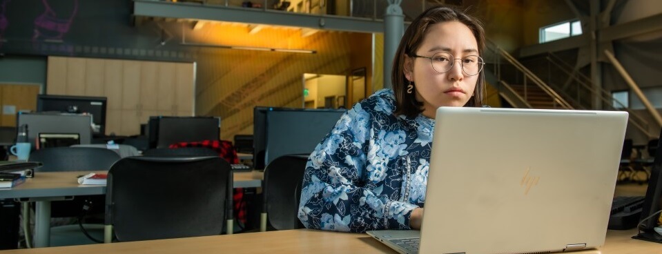 Katherine Sakeagak working on a laptop