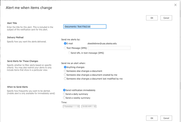 Microsoft SharePoint Online Alert Me File Options