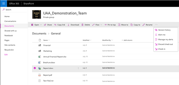 Microsoft SharePoint Online More Options Check In file