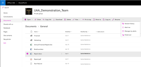 Microsoft SharePoint Online More Options Menu Check Out