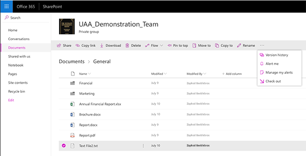 Microsoft SharePoint Online More Options menu