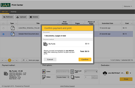 Managed Print Print Center Confirm Payment and Print dialog box