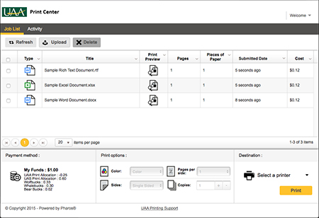 Managed Print Print Center Job List