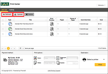 Managed Print Print Center Job List Buttons Highlighted