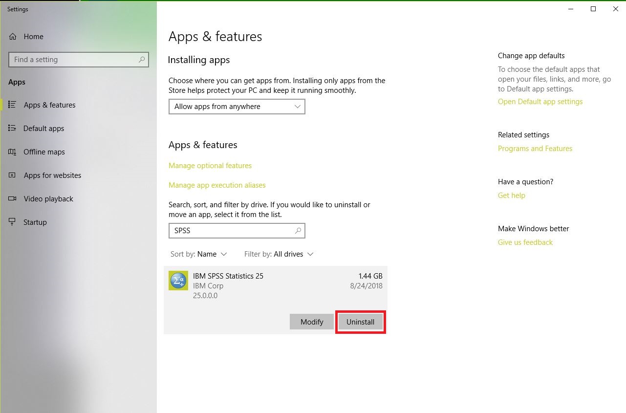 Windows Apps and Features with SPSS and Uninstall button