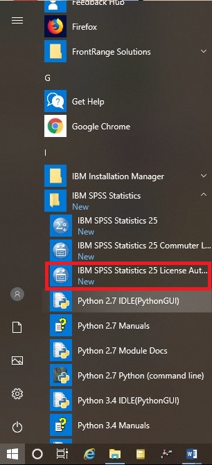 Windows Start Menu SPSS License Authorization Wizard