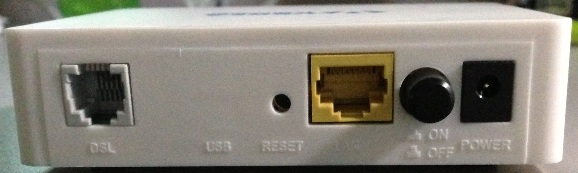 dsl_back has DSL connector, USB, reset button, ethernet connection, on/off switch, power connector
