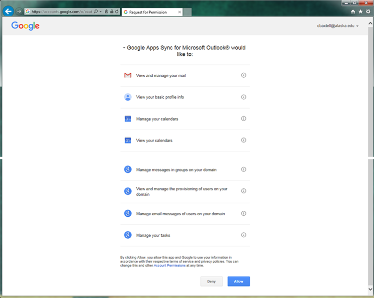 Google Apps Sync for Microsoft Outlook Web allow page