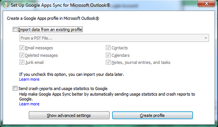 Google Apps Sync for Microsoft Outlook Create Profile dialog