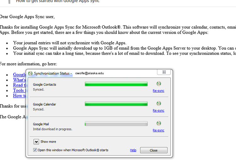 Google Apps Sync for Microsoft Outlook sync dialog