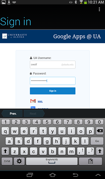 Android Settings - Add Account - Google Apps at UA Sign in