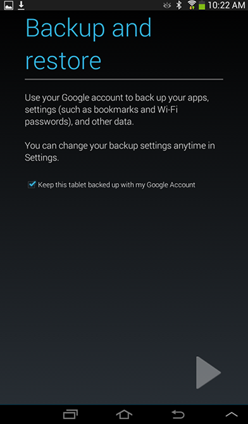 Android Settings - Add Account - Configure device backup