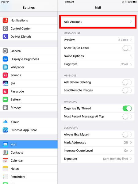 iOS Settings - Mail - Add Account