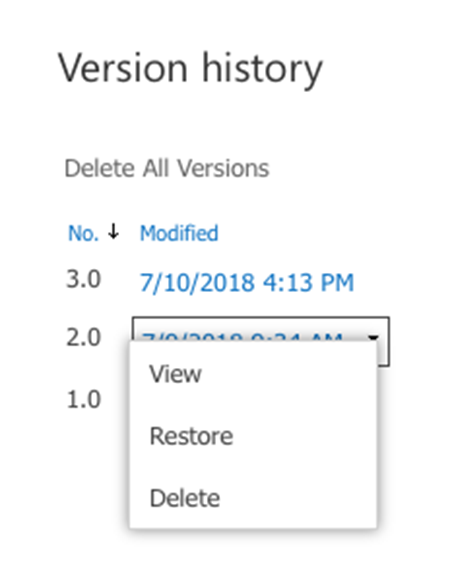 Microsoft SharePoint Online file version history menu
