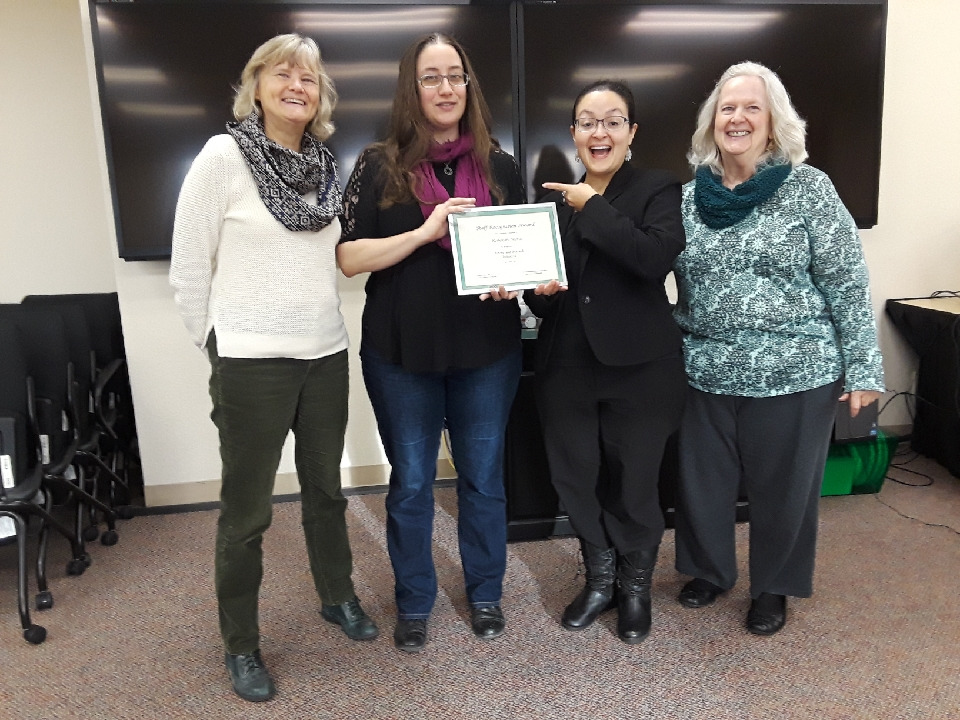 Certificate for Rebekah Moras from Center for Human Development for the 2017 Setepmber UAA Staff Recognition Award Rebekah Moras from Center for Human Development presented with the 2017 September Staff Recognition Award by Karen Heath (supervisor), Annette Alfonsi (nominator), and Liz Winfree on behalf of Staff Council