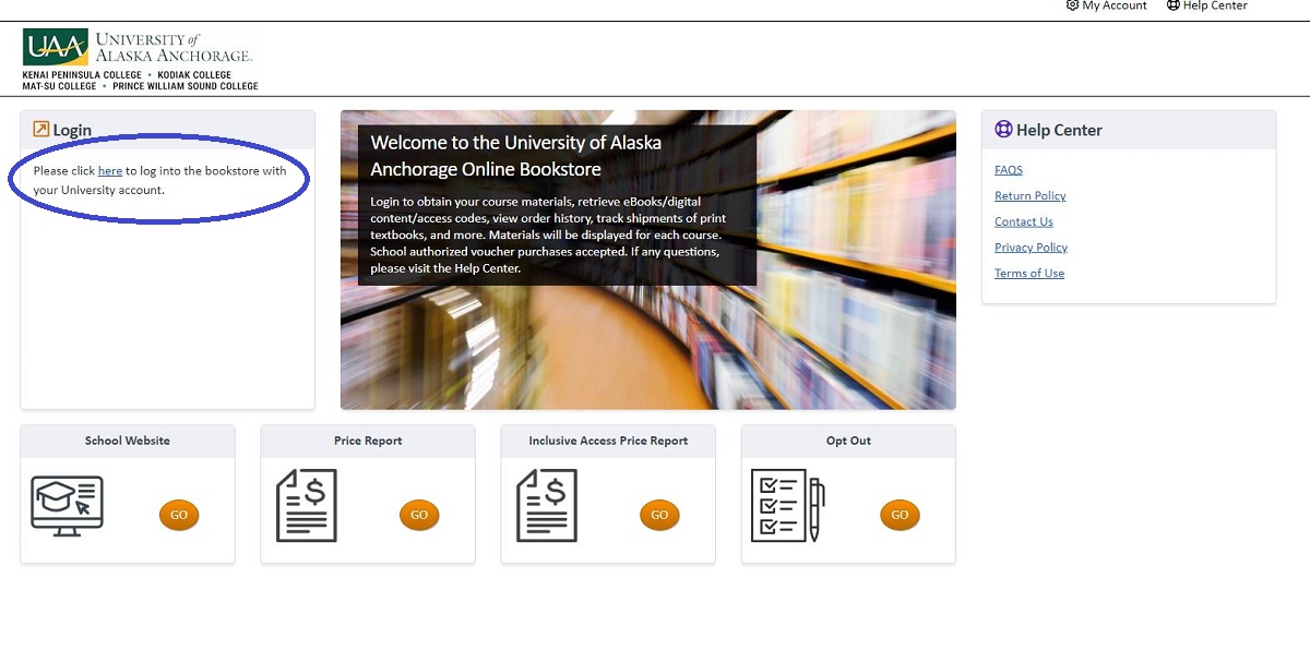 Screenshot displaying the UAA Online Bookstore login page
