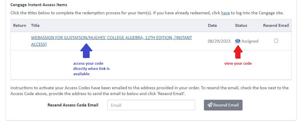 Screenshot showing an example access code in the online bookstore and two ways to access it