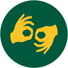Dark green circle with gold hands making the ASL sign for interpreter