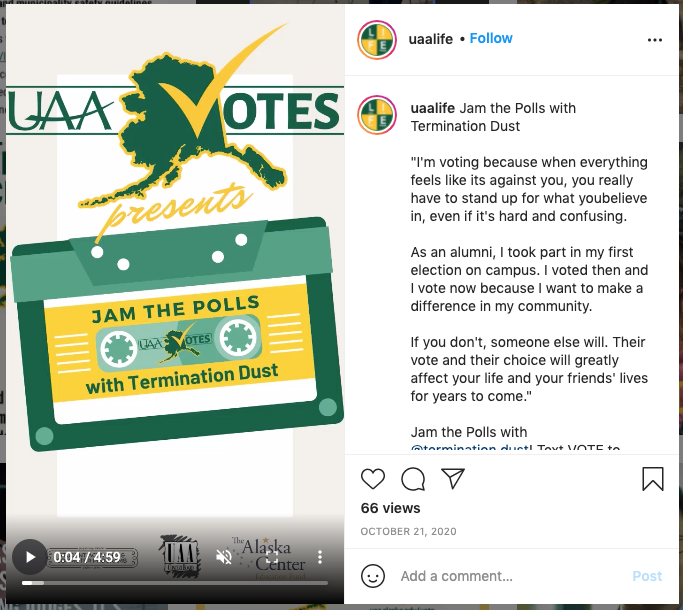 Instagram post by UAA Life for UAA Votes, Jam the Polls, showing a tape cassette as design.