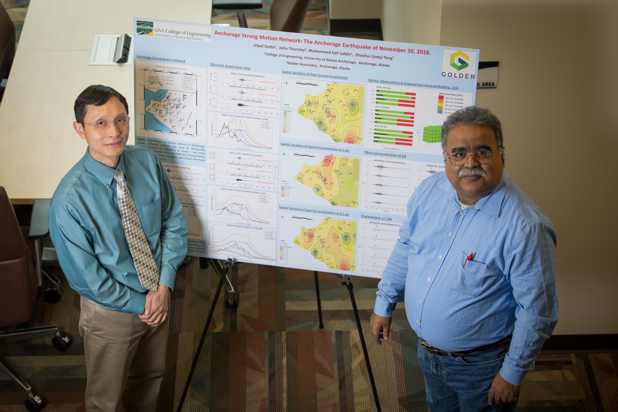 Professor and chair of the civil engineering department Joey Yang (left), and associate professor of civil engineering Utpal Dutta (right), presenting an updated map of earthquake activity and ground characteristics around Anchorage.