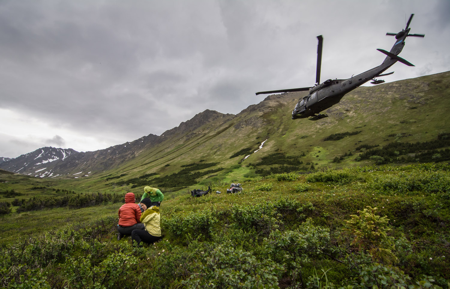 AERC team is dropped off by helicopter for field work at a remote bat monitoring location