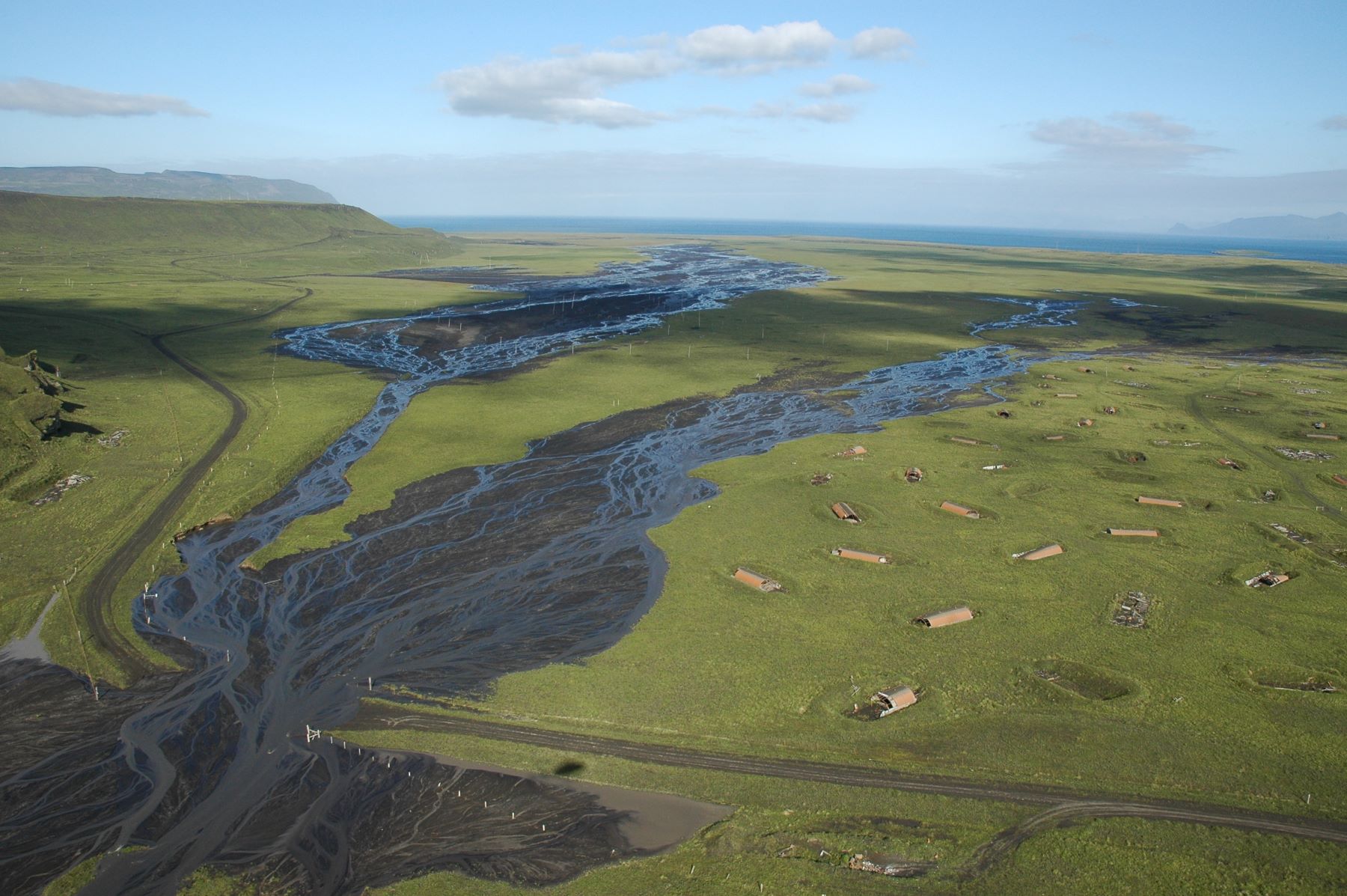 An overhead shot of quonset huts at Fort Glenn in the Aleutians