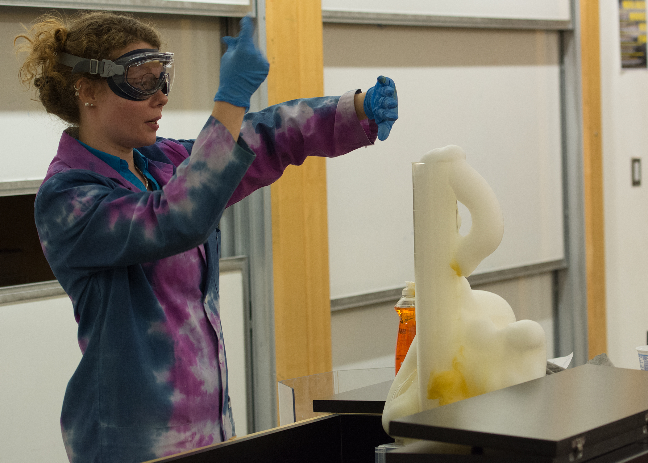 Professor Wrenn performs the "Elephant's Toothpaste" experiment durng the Chemistry Demonstration Show.
